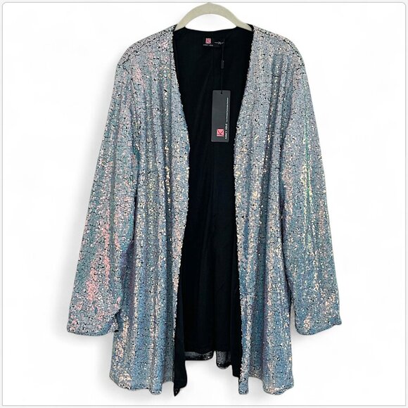 Kancy Kole Blue Gold Sequin Open Front Blazer Cardigan Jacket New NWT Plus 2XL - Picture 3 of 5